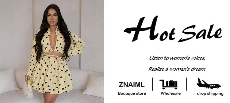 Znaiml Elegant Apricot Women 2 Piece Set Birthday Party Outfit Long Sleeve Crop Top and Ball Bown Skirt Polka Dot Suit Beachwear