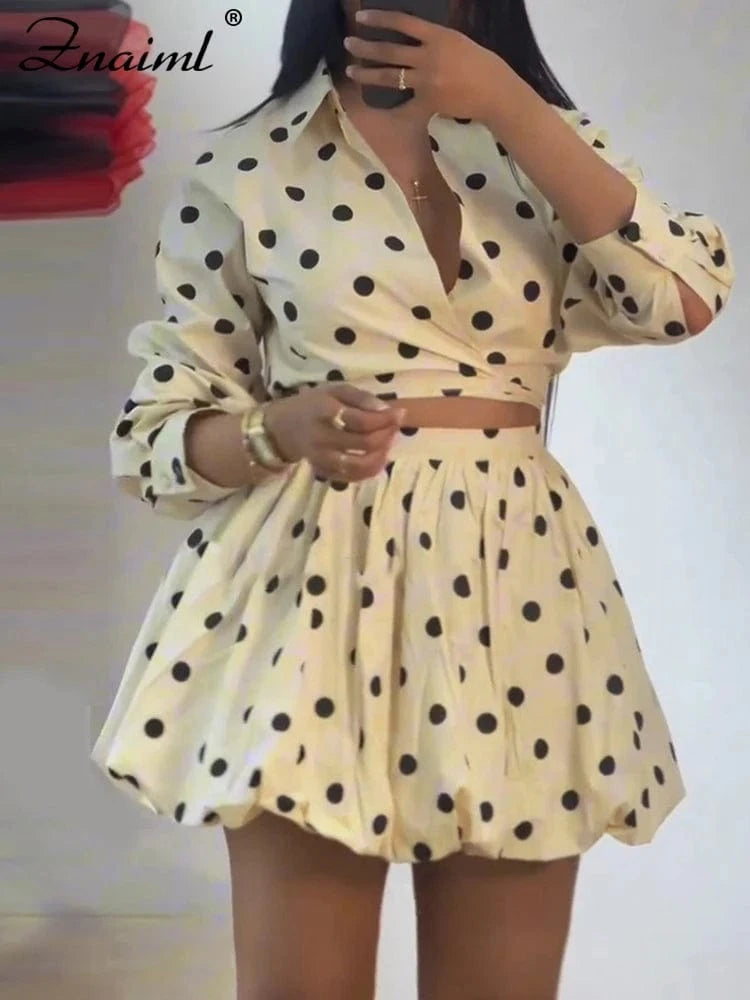 Znaiml Elegant Apricot Women 2 Piece Set Birthday Party Outfit Long Sleeve Crop Top and Ball Bown Skirt Polka Dot Suit Beachwear