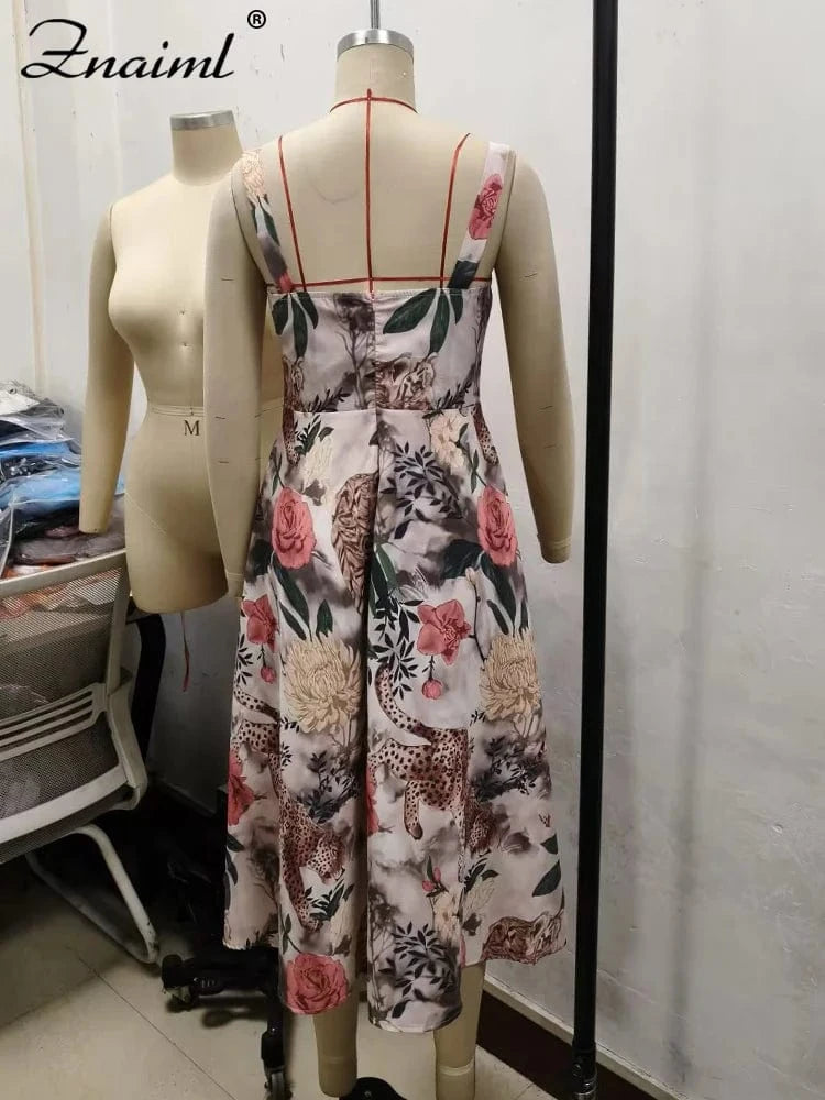 Znaiml Elegant Beach Floral Print A-Line Long Dress Summer Women Sleeveless Off Shoulder Strap Party Vacation Sexy Birthday Robe