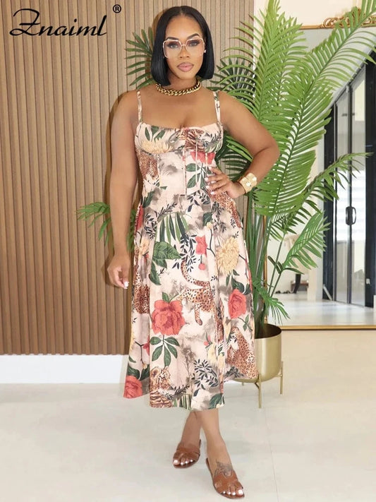 Znaiml Elegant Beach Floral Print A-Line Long Dress Summer Women Sleeveless Off Shoulder Strap Party Vacation Sexy Birthday Robe