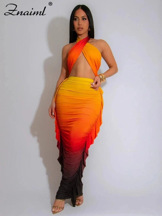 Znaiml Elegant Boho Vacation Print Dress Sets Women Puffle Pencil Skirts and Halter Crop Tops 2 Pieces Suits Summer Beach Outfit