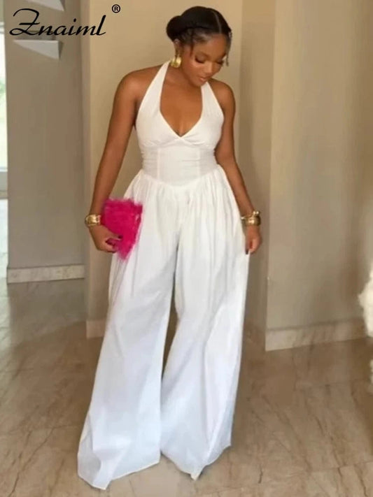 Znaiml Elegant Evening Gowns Biarthday Party One Pieces Wide Leg Pants Outfit for Women White Halter Backless Jumpsuit Rompers