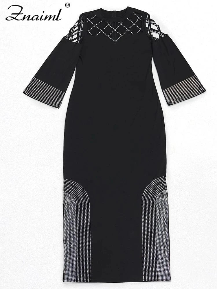 Znaiml Elegant Festival Indie Folk Diamonds Patchwork Hollow Out Long Sleeve Dress Women O-neck Evening African Vacation Vestido