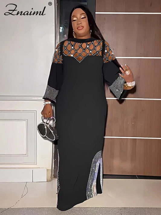 Znaiml Elegant Festival Indie Folk Diamonds Patchwork Hollow Out Long Sleeve Dress Women O-neck Evening African Vacation Vestido