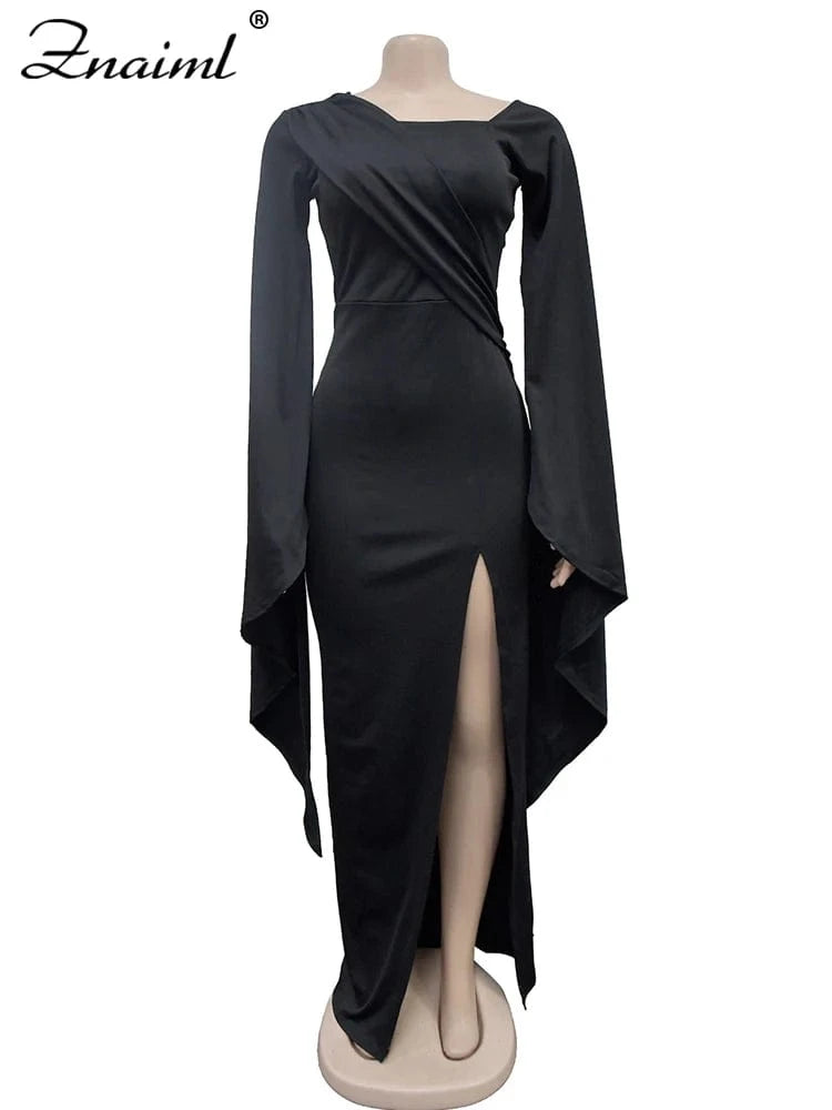 Znaiml Elegant Flare Sleeve Celebrity Nightclub Maxi Long Dresses for Women Sexy High Split Evening Party Prom Birthday Vestidos
