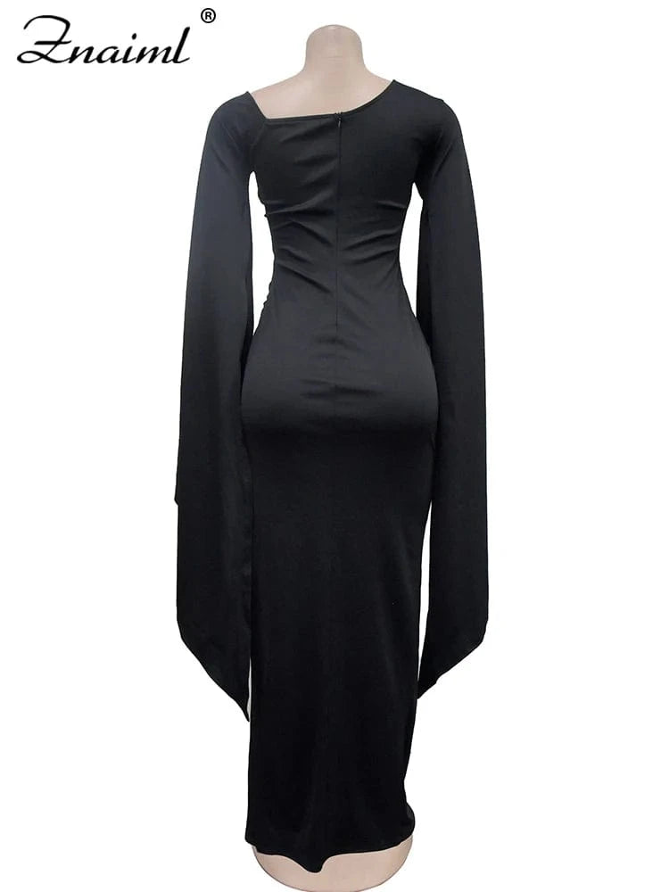 Znaiml Elegant Flare Sleeve Celebrity Nightclub Maxi Long Dresses for Women Sexy High Split Evening Party Prom Birthday Vestidos