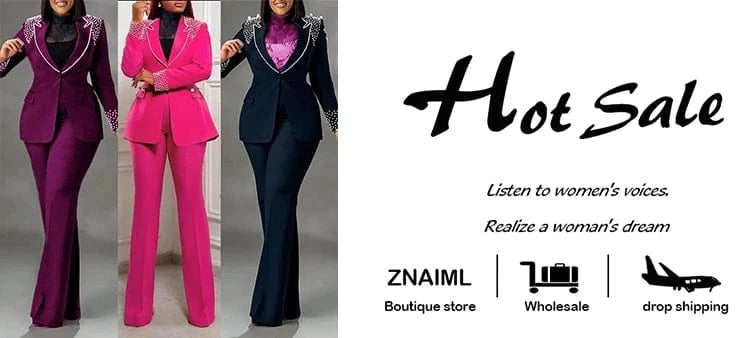 Znaiml Elegant Formal Office Lady Two 2 Pieces Women Clothing Pearls Blazer Coat and Straight Pants Work Business Matching Sets