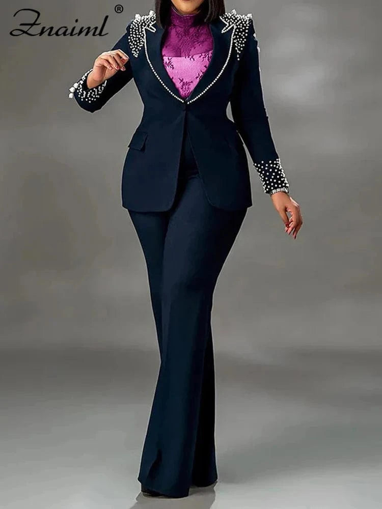 Znaiml Elegant Formal Office Lady Two 2 Pieces Women Clothing Pearls Blazer Coat and Straight Pants Work Business Matching Sets