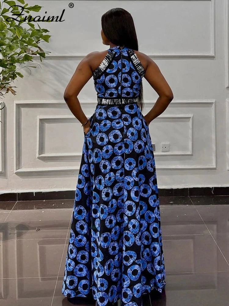 Znaiml Elegant Indie Folk Blue Retro Print A-line Long Dress Women O Neck Sleeveless Birthday Evening Prom Vacation Vestidos New