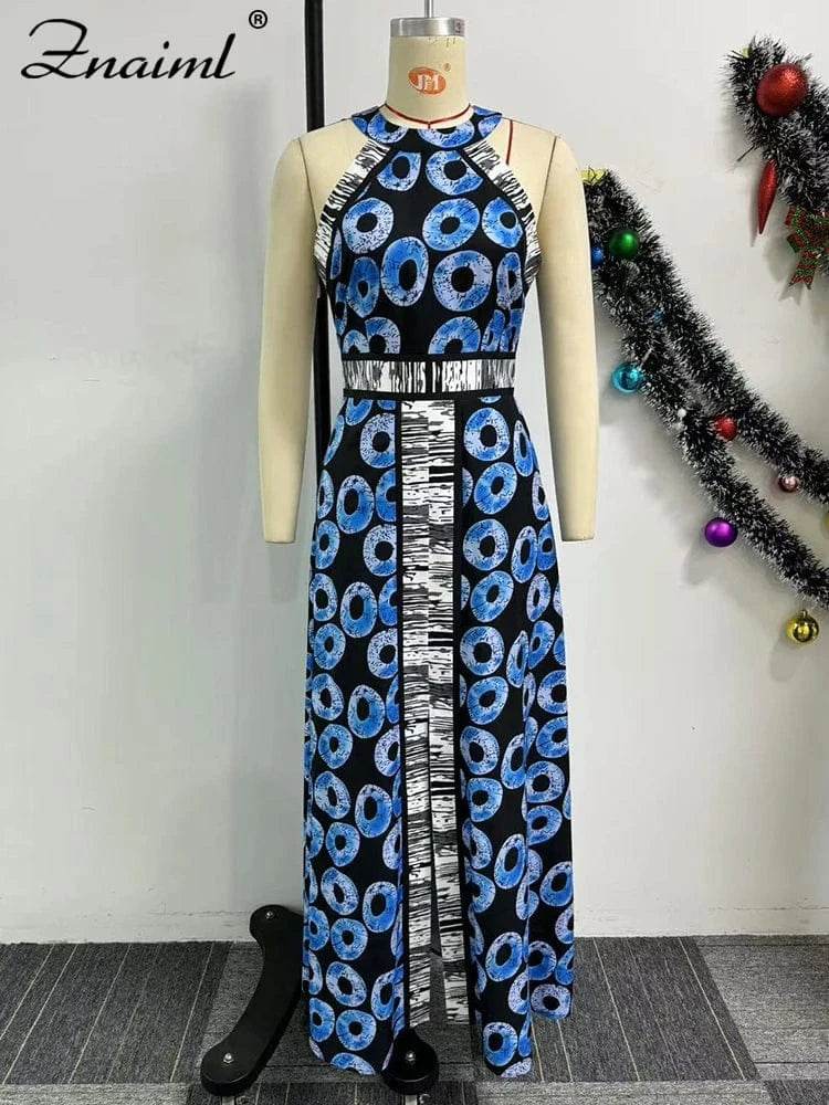 Znaiml Elegant Indie Folk Blue Retro Print A-line Long Dress Women O Neck Sleeveless Birthday Evening Prom Vacation Vestidos New