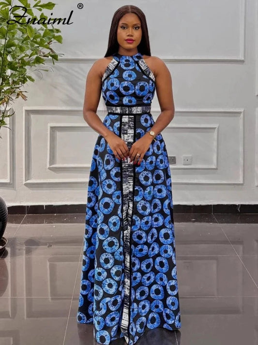 Znaiml Elegant Indie Folk Blue Retro Print A-line Long Dress Women O Neck Sleeveless Birthday Evening Prom Vacation Vestidos New