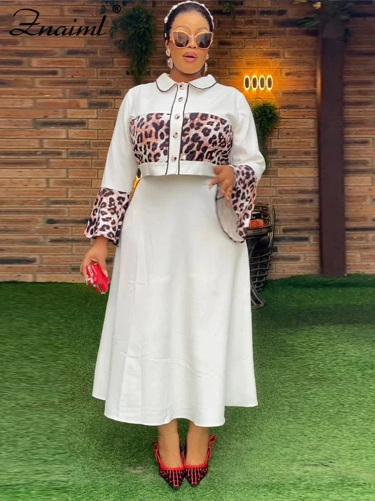 Znaiml Elegant Leopard Patchwork A-line Skirts and Crop Tops Flare Sleeve 2 Piece Sets Woman Birthday Festival Indie Folk Outfit