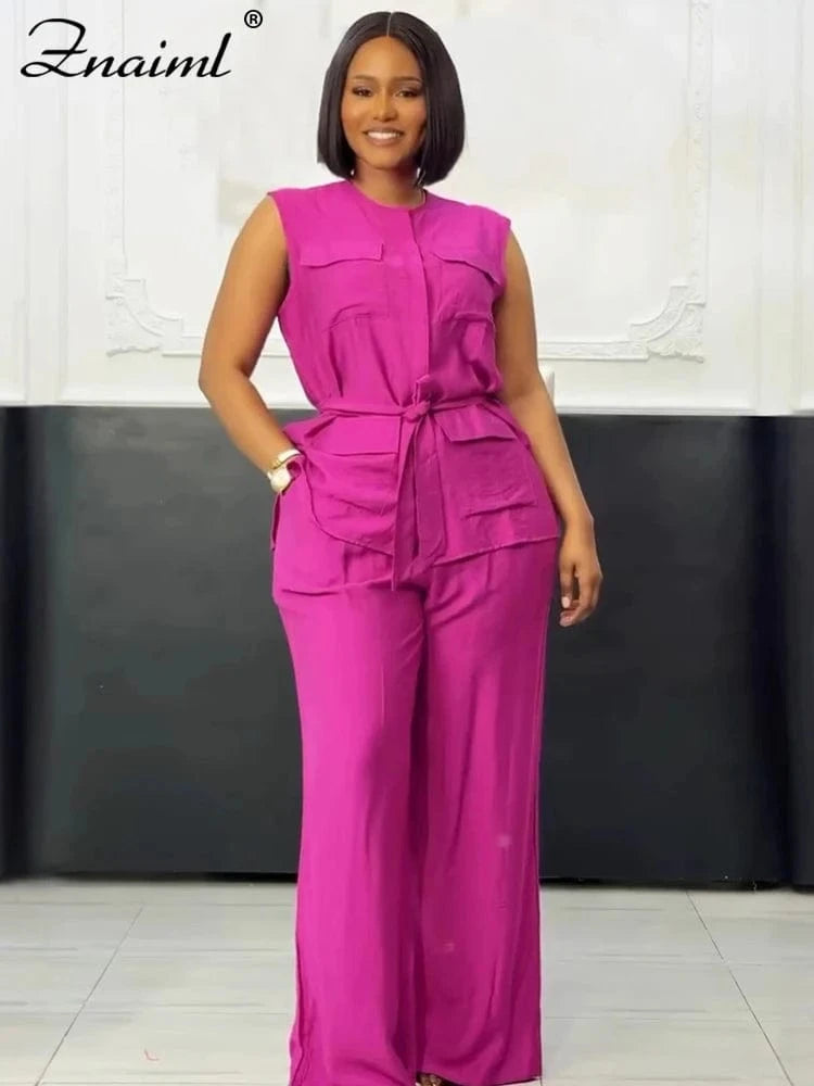 Znaiml Elegant Loose O-neck Sleeveless Pockets Bandage Top and Wide Leg Pants 2 Pieces Sets Women Casual Streetwear Outfits y2k