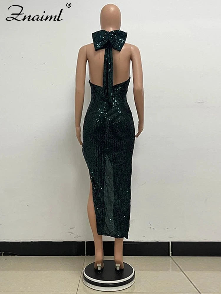 Znaiml Elegant Luxury Sequin Halter Big Bow Backless Long Dresses Women Sleeveless High Split Birthday Evening Wedding Vestidos