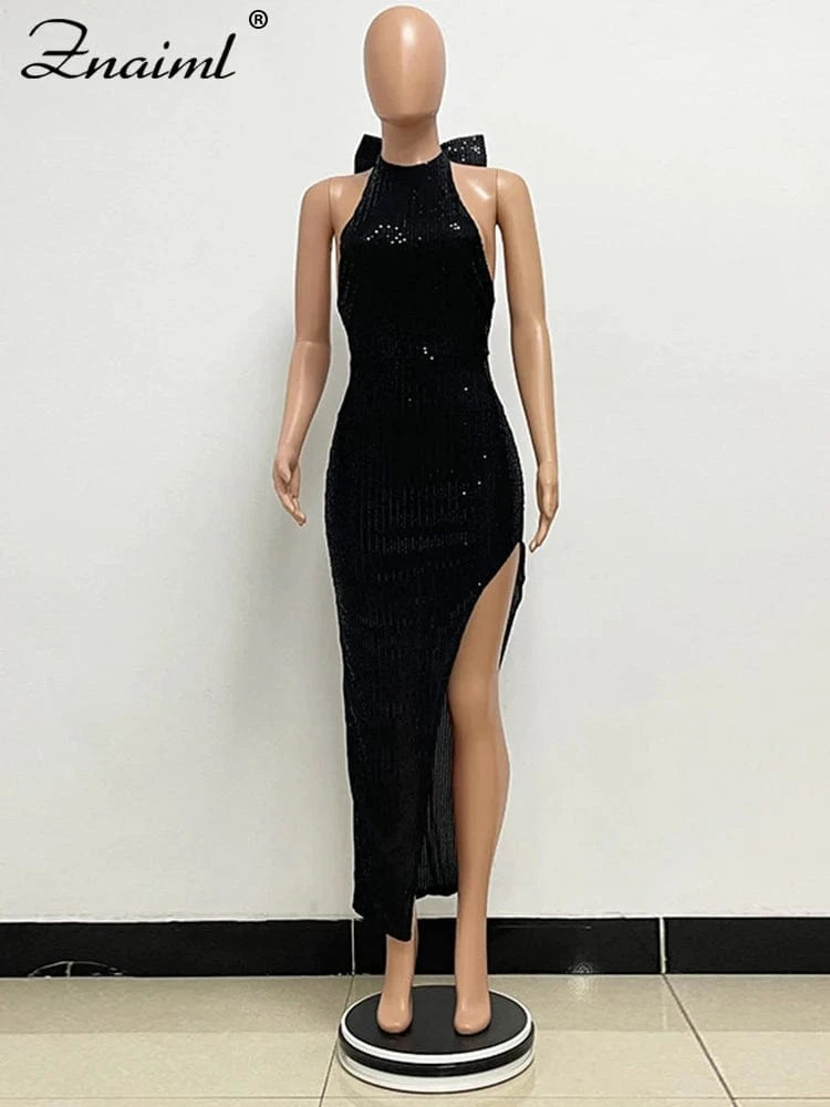 Znaiml Elegant Luxury Sequin Halter Big Bow Backless Long Dresses Women Sleeveless High Split Birthday Evening Wedding Vestidos