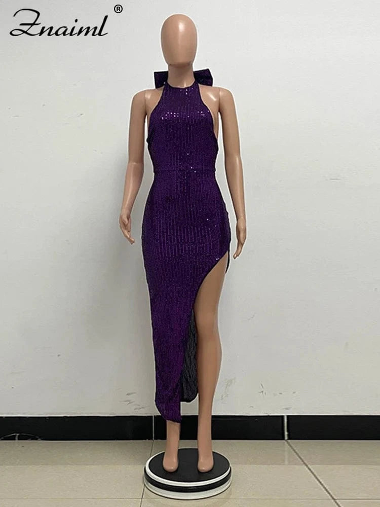 Znaiml Elegant Luxury Sequin Halter Big Bow Backless Long Dresses Women Sleeveless High Split Birthday Evening Wedding Vestidos