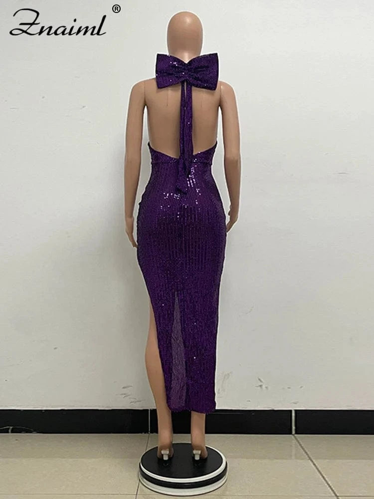 Znaiml Elegant Luxury Sequin Halter Big Bow Backless Long Dresses Women Sleeveless High Split Birthday Evening Wedding Vestidos