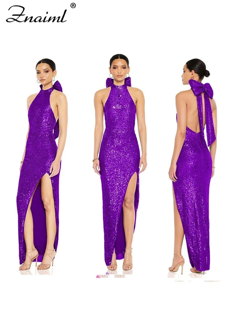 Znaiml Elegant Luxury Sequin Halter Big Bow Backless Long Dresses Women Sleeveless High Split Birthday Evening Wedding Vestidos
