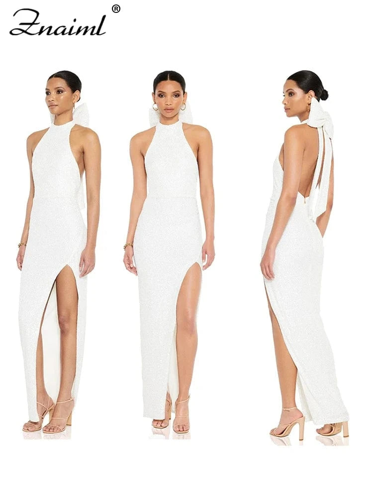 Znaiml Elegant Luxury Sequin Halter Big Bow Backless Long Dresses Women Sleeveless High Split Birthday Evening Wedding Vestidos