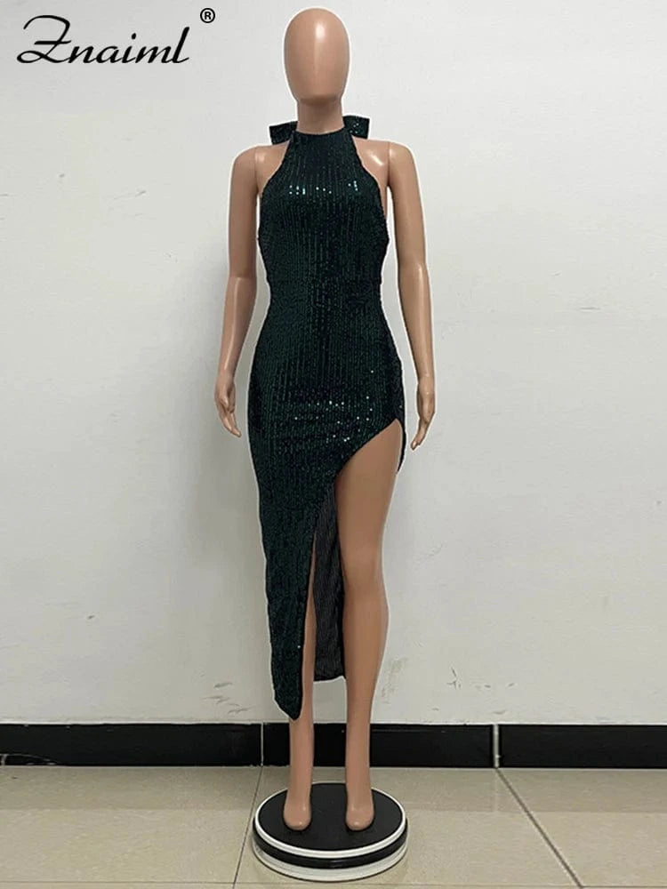 Znaiml Elegant Luxury Sequin Halter Big Bow Backless Long Dresses Women Sleeveless High Split Birthday Evening Wedding Vestidos