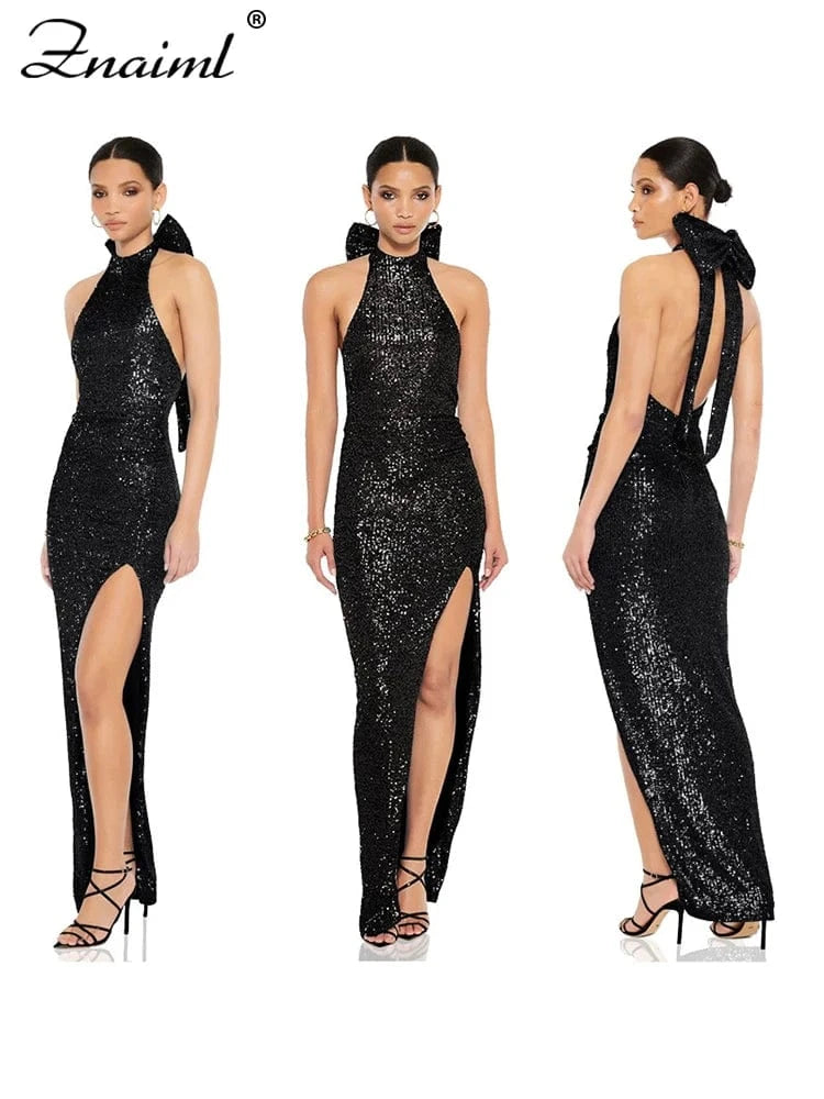 Znaiml Elegant Luxury Sequin Halter Big Bow Backless Long Dresses Women Sleeveless High Split Birthday Evening Wedding Vestidos