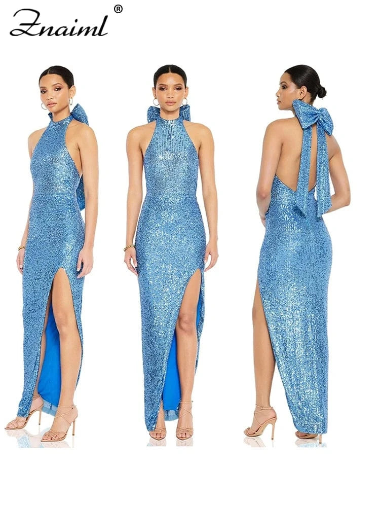 Znaiml Elegant Luxury Sequin Halter Big Bow Backless Long Dresses Women Sleeveless High Split Birthday Evening Wedding Vestidos