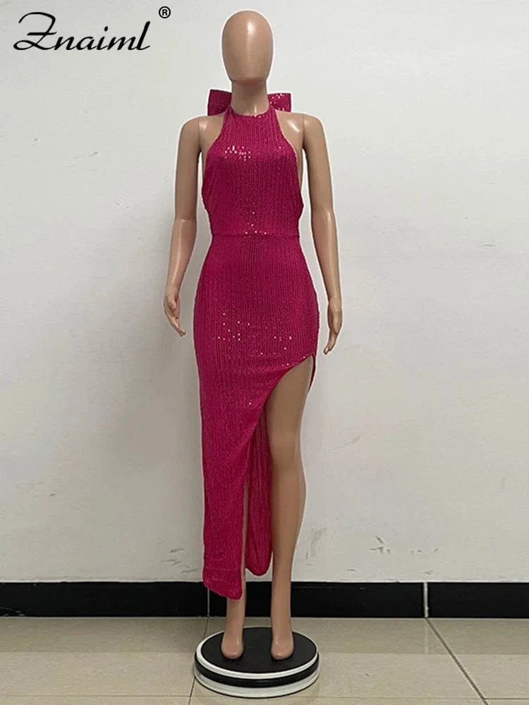 Znaiml Elegant Luxury Sequin Halter Big Bow Backless Long Dresses Women Sleeveless High Split Birthday Evening Wedding Vestidos