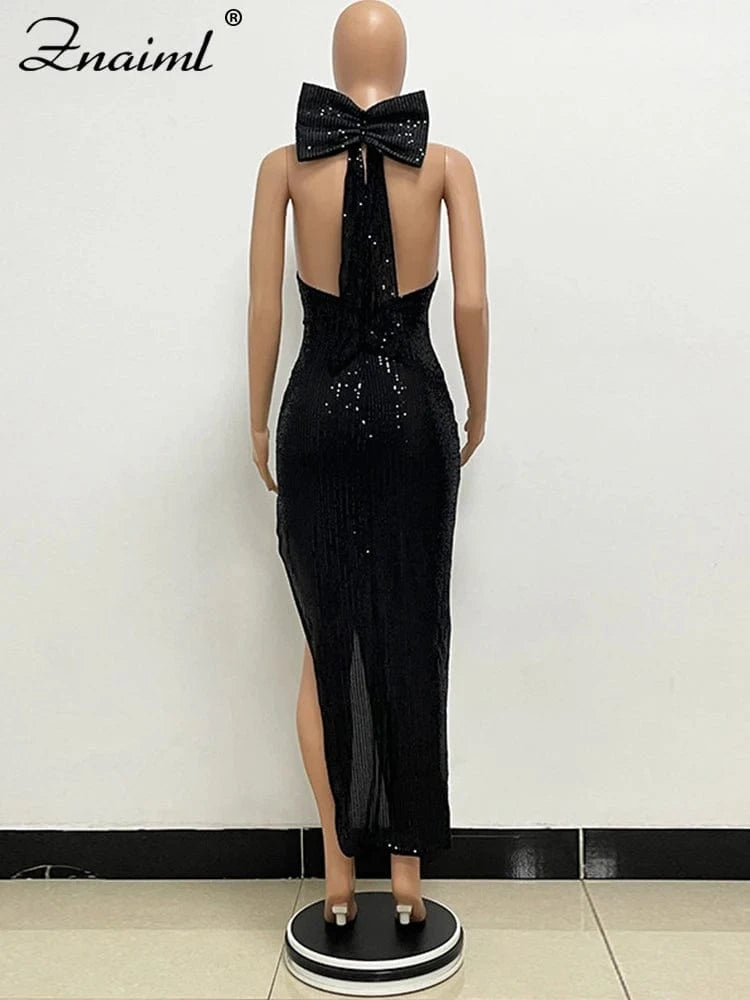 Znaiml Elegant Luxury Sequin Halter Big Bow Backless Long Dresses Women Sleeveless High Split Birthday Evening Wedding Vestidos