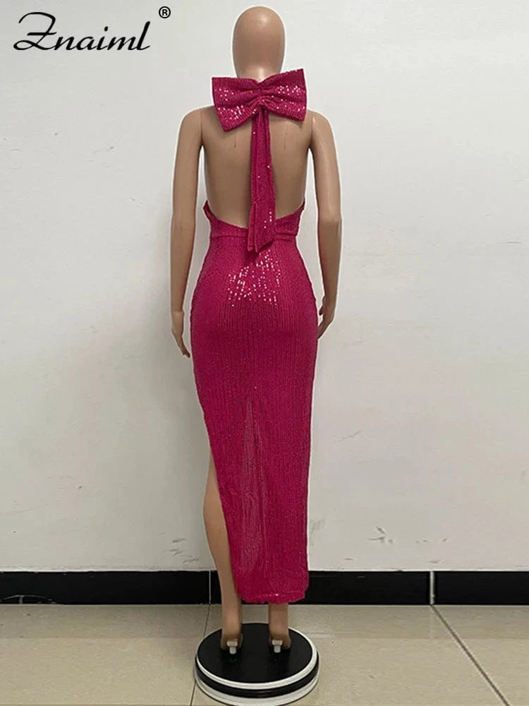 Znaiml Elegant Luxury Sequin Halter Big Bow Backless Long Dresses Women Sleeveless High Split Birthday Evening Wedding Vestidos