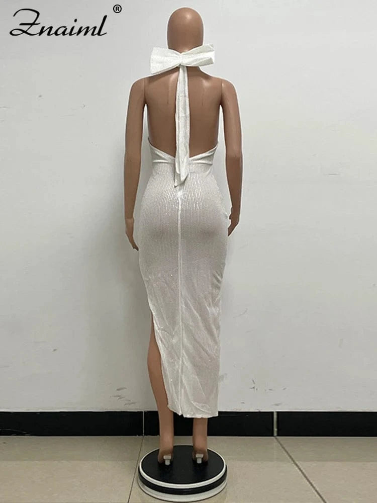 Znaiml Elegant Luxury Sequin Halter Big Bow Backless Long Dresses Women Sleeveless High Split Birthday Evening Wedding Vestidos