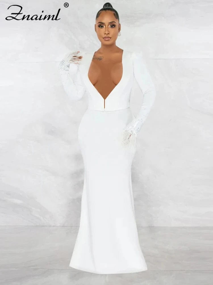 Znaiml Elegant Mermaid Skirt and Deep V Neck Feather Diamonds Long Sleeve Crop Tops Women Two Pieces Party Evening Matching Sets