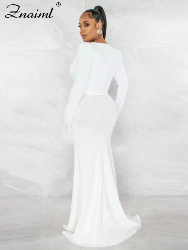 Znaiml Elegant Mermaid Skirt and Deep V Neck Feather Diamonds Long Sleeve Crop Tops Women Two Pieces Party Evening Matching Sets