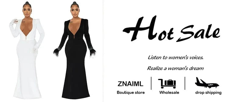 Znaiml Elegant Mermaid Skirt and Deep V Neck Feather Diamonds Long Sleeve Crop Tops Women Two Pieces Party Evening Matching Sets