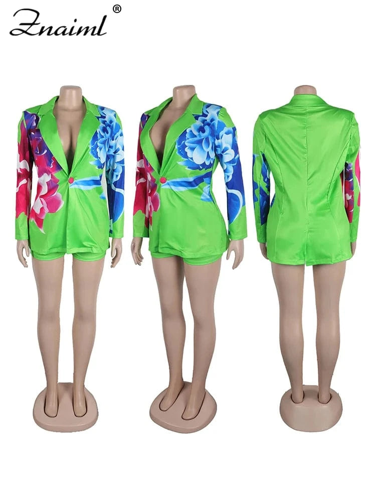 Znaiml Elegant Office Lady Blazer Single Button Jacket Coat and Shorts Two 2 Piece set Women Trendy Classic Print Matching Suits