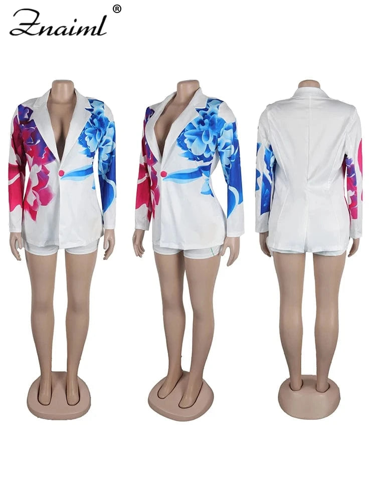 Znaiml Elegant Office Lady Blazer Single Button Jacket Coat and Shorts Two 2 Piece set Women Trendy Classic Print Matching Suits