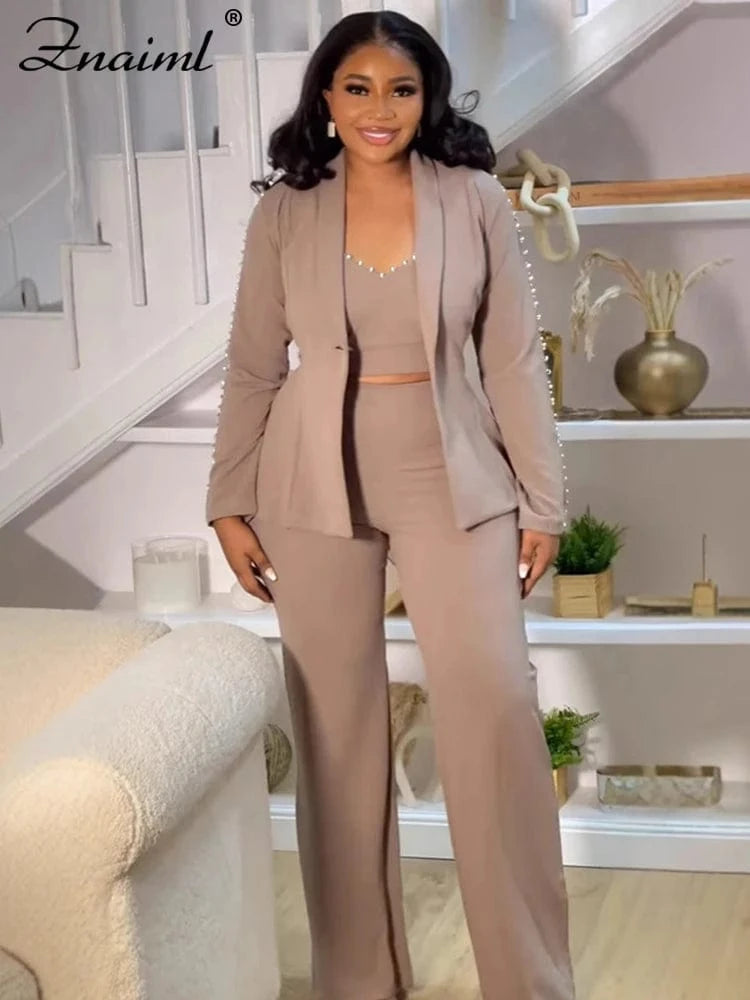 Znaiml Elegant Office Lady Pearl Patchwork 3 Pieces Set Woman‘s Long Sleeves Coat + Vest + Straight Pants Work Matching Outfits