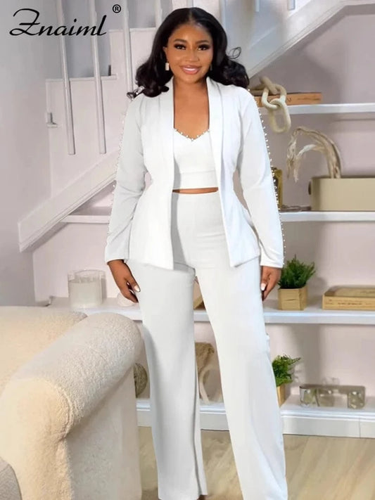 Znaiml Elegant Office Lady Pearl Patchwork 3 Pieces Set Woman‘s Long Sleeves Coat + Vest + Straight Pants Work Matching Outfits