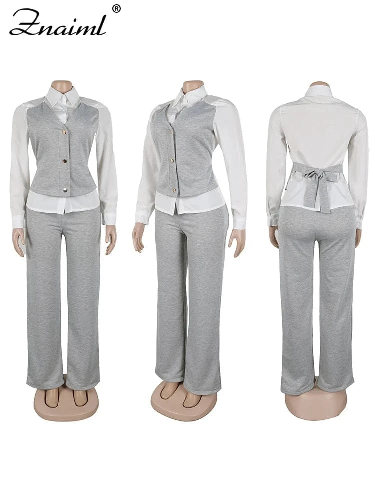 Znaiml Elegant Office Women's Long Sleeve Patchwork Vest Shirt and Straight Pants Two 2 Piece Sets Work Suits Matching Outfits