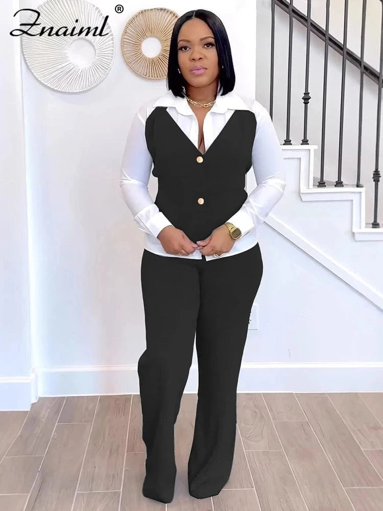 Znaiml Elegant Office Women's Long Sleeve Patchwork Vest Shirt and Straight Pants Two 2 Piece Sets Work Suits Matching Outfits