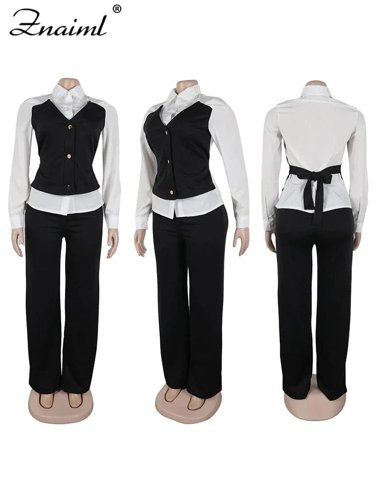 Znaiml Elegant Office Women's Long Sleeve Patchwork Vest Shirt and Straight Pants Two 2 Piece Sets Work Suits Matching Outfits