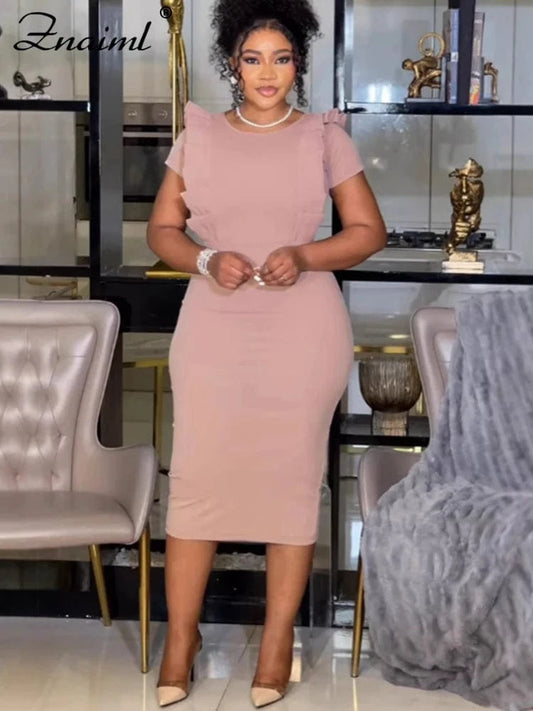 Znaiml Elegant Pink Ruched Short Sleeve Bodycon Mid Pencil Dress Women O-Neck Office Lady Slim Birthday Evening Party Clubwear