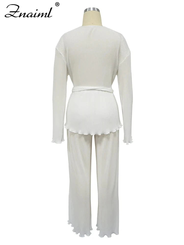 Znaiml Elegant Pleated Two 2 Piece Sets Women Full Sleeve V-neck Belt Tops and Wide Leg Pants Office Lady Outfits Vacation Suits