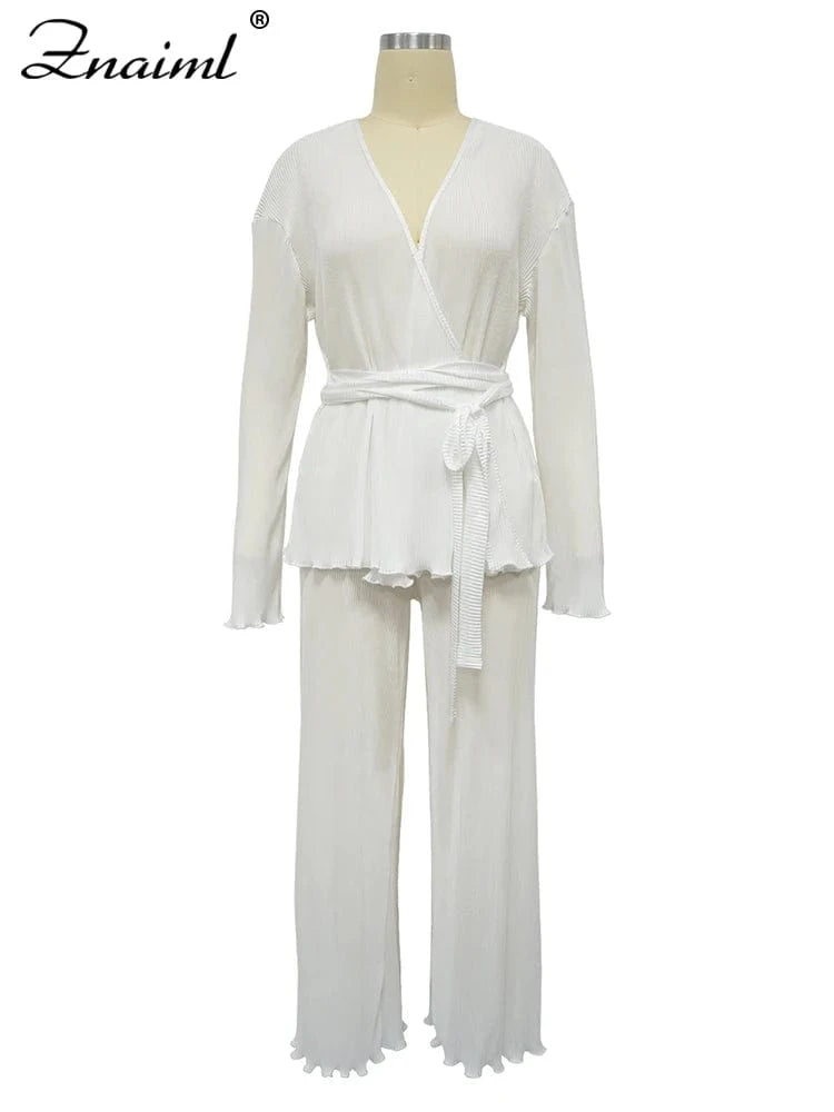 Znaiml Elegant Pleated Two 2 Piece Sets Women Full Sleeve V-neck Belt Tops and Wide Leg Pants Office Lady Outfits Vacation Suits