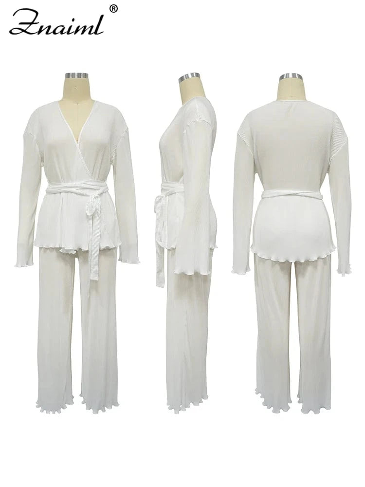 Znaiml Elegant Pleated Two 2 Piece Sets Women Full Sleeve V-neck Belt Tops and Wide Leg Pants Office Lady Outfits Vacation Suits