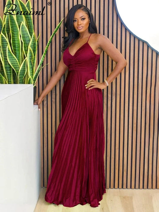Znaiml Elegant Satin Pleated Vacation Burgundy Maxi Dress Women V-neck Straps Backless Bow Tie Long Vestidos Birthday Clubwear