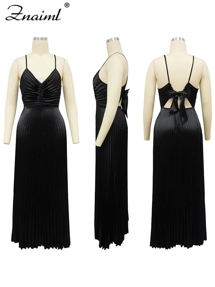 Znaiml Elegant Satin Pleated Vacation Burgundy Maxi Dress Women V-neck Straps Backless Bow Tie Long Vestidos Birthday Clubwear