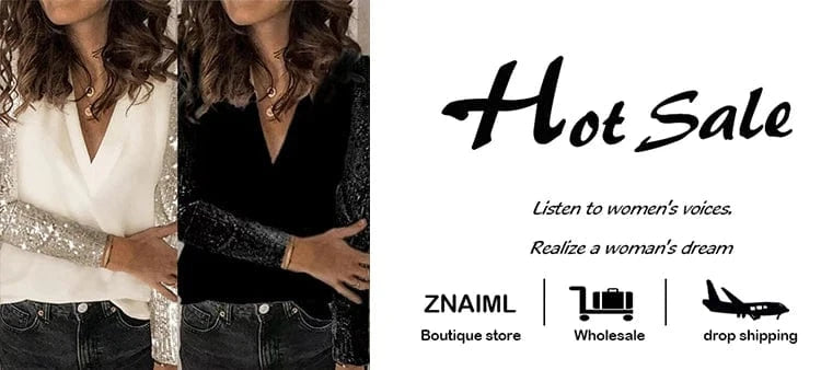 Znaiml Elegant Sequins Patchwork Luxury Long Sleeve V Neck Blouse T-Shirts Women Autumn Pullover Tops Ladies Birthday Clubwear