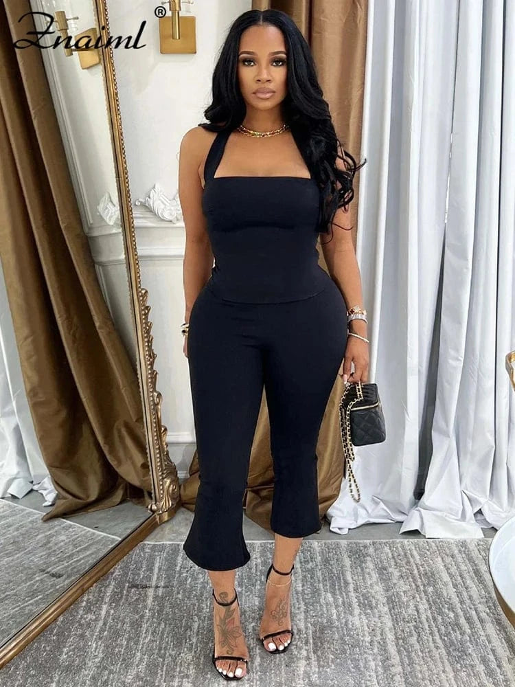 Znaiml Elegant Sleeveless Halter Crop Top and Pants Set Women 2 Pieces Outfits Sexy Night Club Birthday New In Matching Suits
