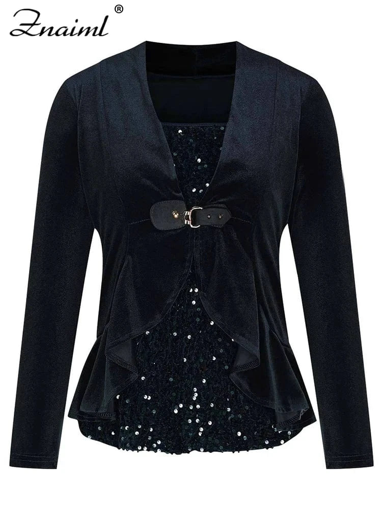 Znaiml Elegant Velvet Long Sleeve Square Neck Pullover T-Shirts Women's Sequin Patchwork Blousers Top Sexy Night Club Outfits