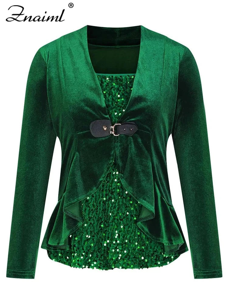 Znaiml Elegant Velvet Long Sleeve Square Neck Pullover T-Shirts Women's Sequin Patchwork Blousers Top Sexy Night Club Outfits